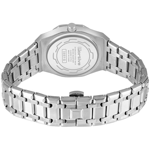 Image of Portive Quartz Watch for Men, Silver Stainless Steel Bracelet, Black Dial, Date Display, Octagonal Case