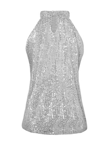 Womens Sparkly Sequin Tops Mock Neck Blouse Sleeveless Shiny Tank Top Sleeveless Glitter Outfits Party Shirt 20252