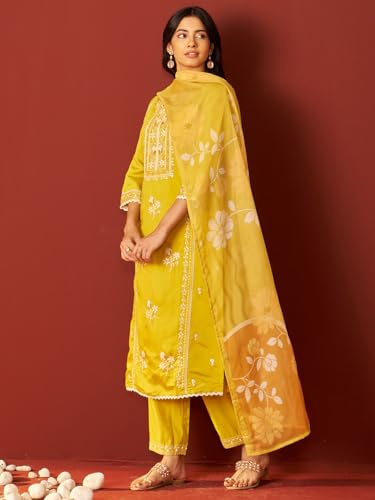 Image of INDO ERA Women's Straight Silk Blend Ethnic Motifs Printed Embroidered Kurta & Pant with Dupatta Set (IESTR11066)