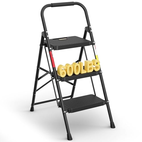 BONTEC 3-Step Ladder, Folding Step Stool, 600lbs Max Load Capacity, Sturdy Steel, Non-Slip Pedals, Lightweight, Portable Steel Ladder with Convenient Handrail, Safety Design for Home & Work,