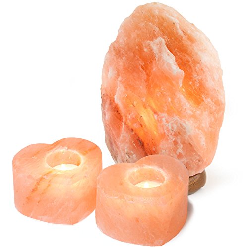 Crystal Allies Natural Himalayan Salt Lamp and 2 Piece Heart Tea Candle Holder Combo with Dimmable Cord and Bulb