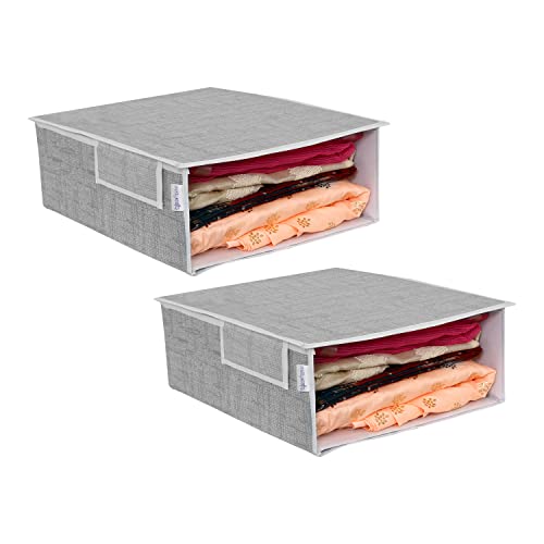 Image of PrettyKrafts Stackable Fabric Saree Storage Organizer for wardrobe, Clear front window with Lid, Stackable organizers, Perfect to organize sarees in a wardrobe, Set of 2, Jute Grey