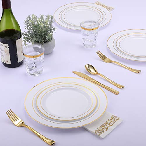 Jolly Chef 102 Count Gold Disposable Plastic Plates, Heavyweight Disposable Wedding Plates Set White Party Plate With Gold Rim, Includes 51 Dinner Plates 10.25”And 51 Dessert Plates 7.5” #TOP3