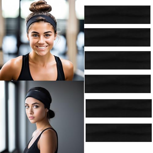 6PCS Headbands for Women Non Slip - Fashion Elastic Sports Hair Bands for Women’s Hair - Soft Cotton Cloth Stretchy Headbands for Girls for Yoga Workout Exercise Running Sports (Black)