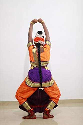 Image of Mudra Dance Costumes Classical Bharatnatyam Readymade Orange and Violet Silk Cloth Women and Kids Dress for Fancy Dress, Costume Competitions, School Dance Events, Annual Functions