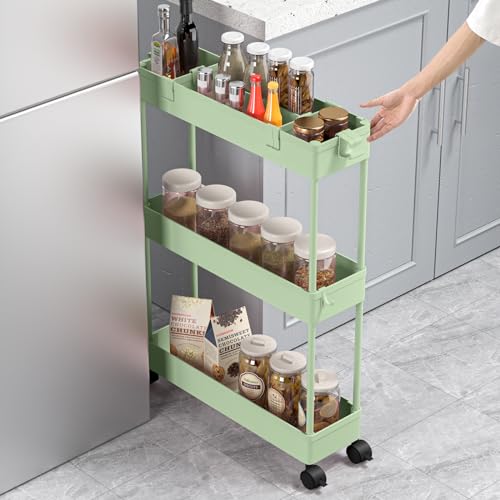 Image of SPACELEAD Slim Storage Cart 3 Tier,Bathroom Organizer Rolling Utility,Mobile Shelving Unit Slide Out for Office, Kitchen, Laundry Room & Narrow Places,Green