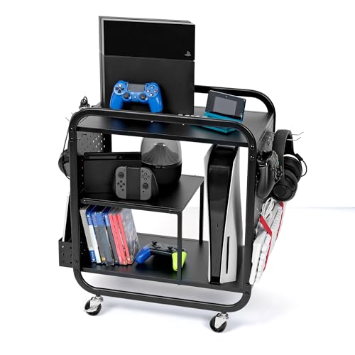 Mythinglogic Gaming Station Organizer, Metal Game Controller Holder, Video Game Console Storage Rack, Game Organizer Storage for PS5/PS4/Xbox/Switch/Game Accessories (Black, 23.62″ x 12.60″ x 25.98″)