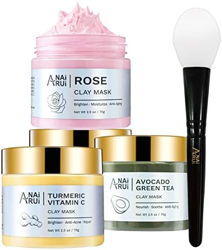 ANAiRUi Turmeric Vitamin C Clay Mask - Rose Facial Mask - Avocado Green Tea Mud Mask, SPA Facial Mask Set for Deeply Cleansing, Hydrating, Nourishing, Reduce Acne and Pores, 70g each/210g in total