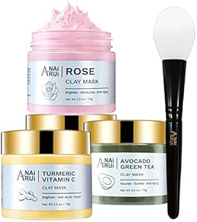 ANAiRUi Turmeric Vitamin C Clay Mask - Rose Facial Mask - Avocado Green Tea Mud Mask, SPA Facial Mask Set for Deeply Cleansing, Hydrating, Nourishing, Reduce Acne and Pores, 70g each/210g in total
