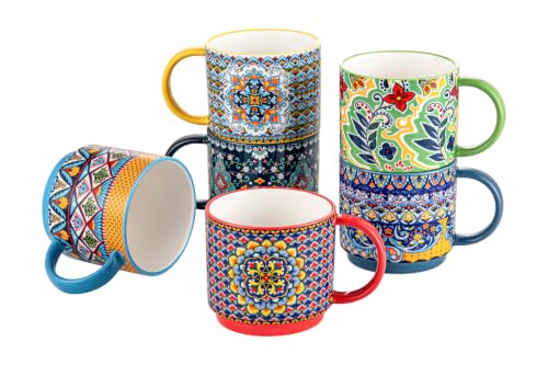 Image of HENXFEN LEAD Mugs Set Porcelain, 12oz Coffee Mug with Handle Set of 6, Colourful Stackable Cups for Latte/Cappuccino/Cocoa – Bohemian Style