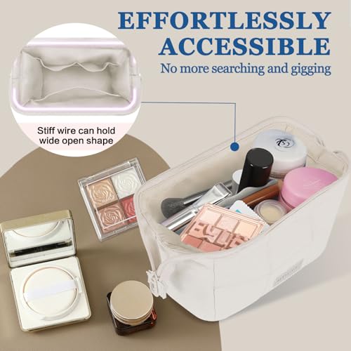 Image of Puffy Makeup Bag Travel Toiletry Bag, Waterproof Make Up Bag for Women, Lightweight Wide-open Cosmetic Bag with Multiple Compartments, Pouch Travel Essentials Toiletries, Beige