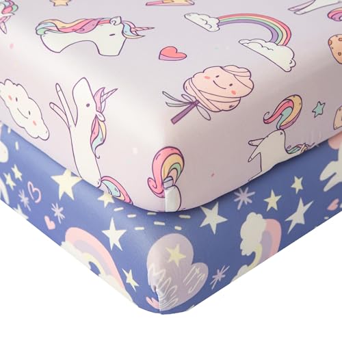 Image of SDIII 2 Pack Unicorn Crib Sheets for Baby Girl 52x28 Stretchy Microfiber Jersey Knit Baby Sheets for Standard Crib and Toddler Mattress