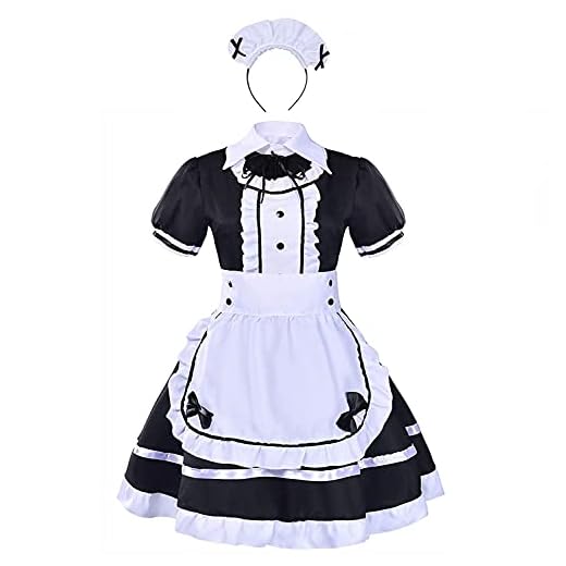 Disfraz de criada Tzm2016, de Anime Cosplay para Halloween, 4 piezas que incluye vestido, ropa de cabeza, delantal, cuello falso, negro, XXXL