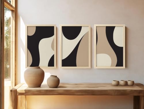 Image of BLINKART Set of 3 Beige Black Curves Frame Painting for Wall Decoration - Modern Art Wall Decor Framed Painting for Living Room Bedroom - Framed Wall Posters /Paintings (8X12 inch)