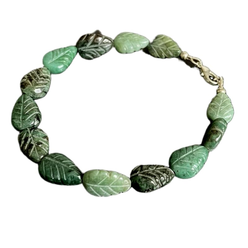 LKBEADS Bransoletka z ogniw naturalnej szmaragdy o wymiarach 13x8 mm w kształcie liścia, fasetowana zielona kamienna biżuteria, 17,78 cm, bransoletka do nakładania, ręcznie robiona biżuteria |LK_SLNK
