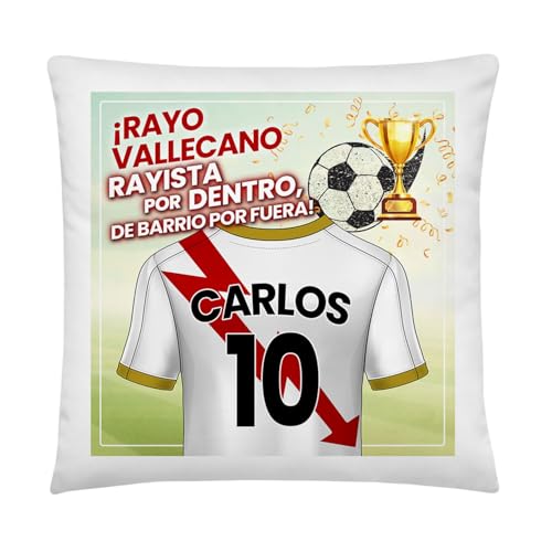 Kembilove® Cojín de Fútbol Personalizado Rayo Vallecano con Nombre y Número | Almohada Decorativa Rayista | Regalo Original para Aficionados y Niños Futboleros
