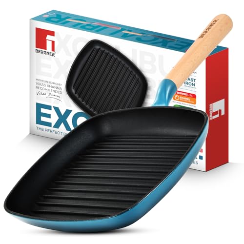 Image of BERGNER Excalibur Lightweight Cast Iron Square Grill Pan 24cm, Sturdy Wooden Handle, Non-Stick Coating, PFAS Free, Perfect Heat Distribution, Elegant Design - Induction Compatible (Blue)