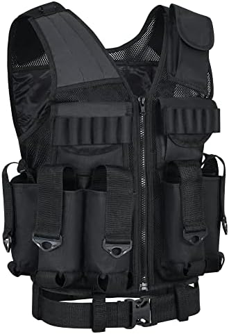 9 pod Paintball / Tactical Vest with Barrel Pouch and Neck protector Unisex Combat vest with Adjustable Sides and Shoulder to Fit all, Black