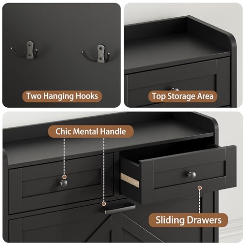 Image of Shoe Cabinet with 2 Flip Drawers & 2 Top Drawers, 43 inch Tall Freestanding Narrow Wooden Shoe Storage Organizer for Entryway, Hidden Slim Shoe Rack for Front Door Entrance, Hallway, Living Room, Black