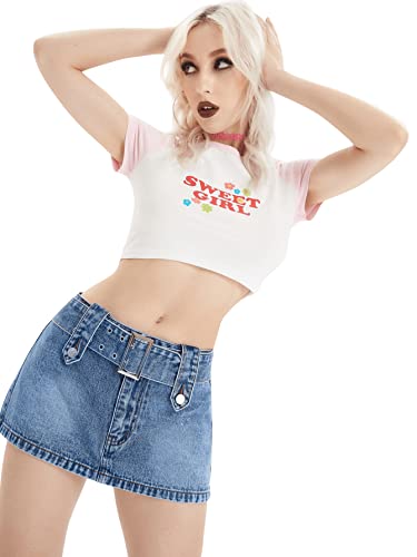Sweatyrocks Women's Casual Buckle Belted Jean Skirt Low Rise Mini Denim Skirts Medium Wash L #TOP4