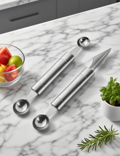 uvbws 2PCS Stainless Steel Double Headed Watermelon/Honeydew Ball Spoon ，Set Fruit Carving Tool - Suitable for Watermelon and Honeydew Fruit Ice Cream Tools - Thumbnail 7
