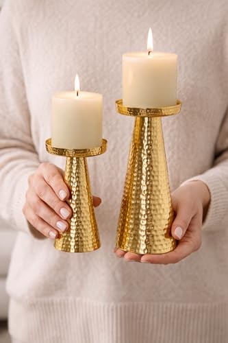 Image of ππππ πππππππππππππ Hammered Pillar Candle Holder Stand, Brass Gold Finish, Handcrafted by Artisans, Modern Home Decor for Living Room, Anniversary, Wedding, Diwali & Christmas Gift
