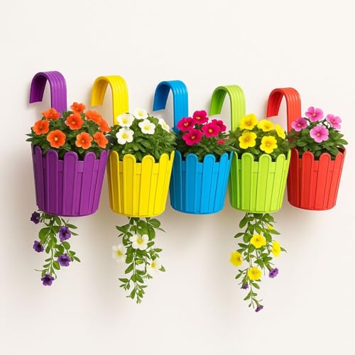Image of Premium Railing Planter with Hook - Durable Plastic Hanging Flower Pot for Balcony, Fence Design Gamla for Indoor /Outdoor Plants, Herbs & Creepers (Pack of 3) (3, Green)