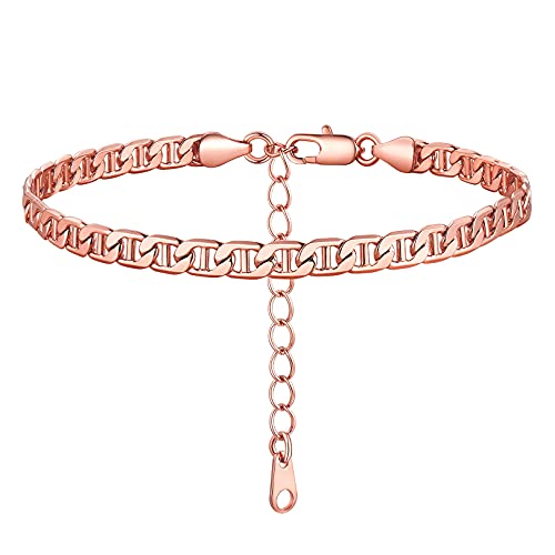 FOCALOOK Chaîne de Cheville Femme Plaqué Or Rose, Gourmette de Pieds à Maille Marine, Anklet Ajustable 22+5cm