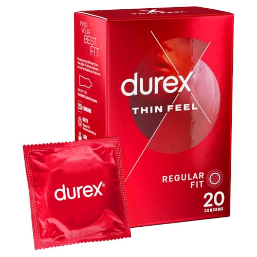 Durex Thin Feel Condoms, Regular Fit, 20s, Secure, Natural Latex, with Silicone Lube, Easy On Shape, More Sensitivity