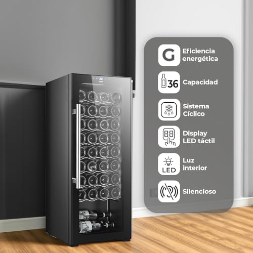 SVAN Vinoteca 36 Botellas Negro SVN3600S. Capacidad 106 L, Bajo Nivel Sonoro, Luz Interior, Eficiencia Energética Clase G