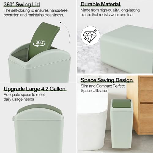 Image of 4.2 Gallon Plastic Trash Can with Swing Top Lid, Compact Slim Waste Bin for Under Desk, Office, Bedroom, Dorm Room(Green)