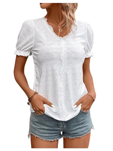 SweatyRocks Women's Puff Sleeve Lace Trim V Neck Eyelet Top Embroidery Blouse4
