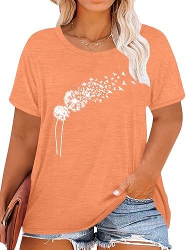 Camiseta grande para mujer, tallas grandes, Dandelion, camisetas para mujer, tallas grandes, diseño de flores silvestres, naranja, XL