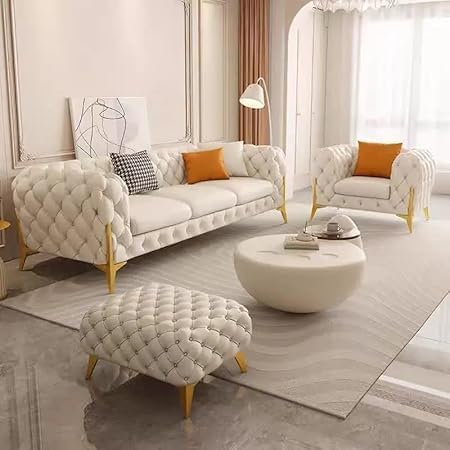 Image of Chesterfield Velvet Upholstery 3-Seater with Armchair and Footrest, Design in 3+1+Footrest Sofa for Living Room, Bedroom, Hallways (Beige)