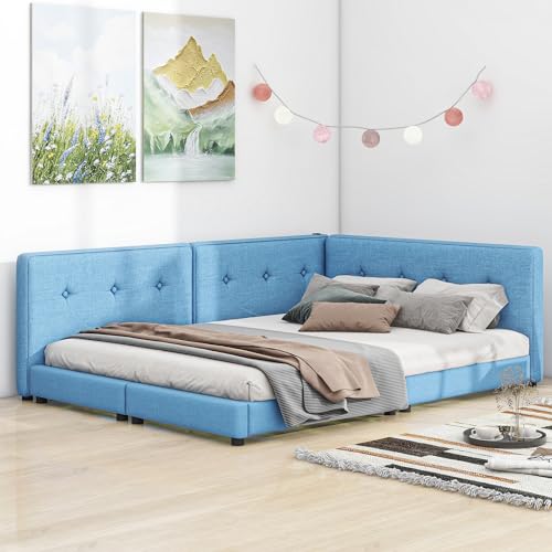 QVUUOU Blue Upholstered Platform Bed Daybed Grounded Bed with USB Ports, Queen Size Wood Bed Frame for Kids Adults Bedroom Furniture, Linen Fabric Upholstered Bed Floor Bed Sofa Bed