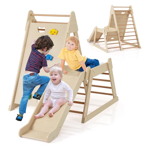 COSTWAY 3 en 1 Triángulo de Escalada Montessori con Tobogán Extendido, Estructura de Escalada Interior para Niños, Escalada en Roca, Gimnasio de Madera Montessori para Niños de 3+ Años (Natural)