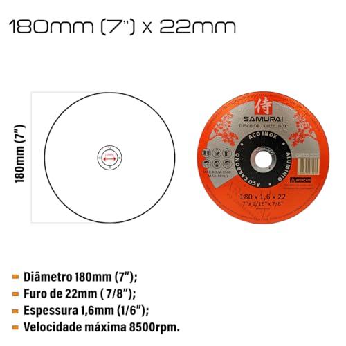 SAMURAI - Kit 10 Discos de Corte Inox Samurai 1.6 180x22mm 7 Polegadas