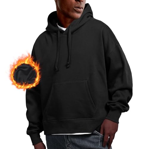 BRISIRA Mens Hoodies Cropped Hoodie Men Warm Winter Fleece Lined Pullover Oversize Baggy Boxy Crop Tops Drop Shoulder