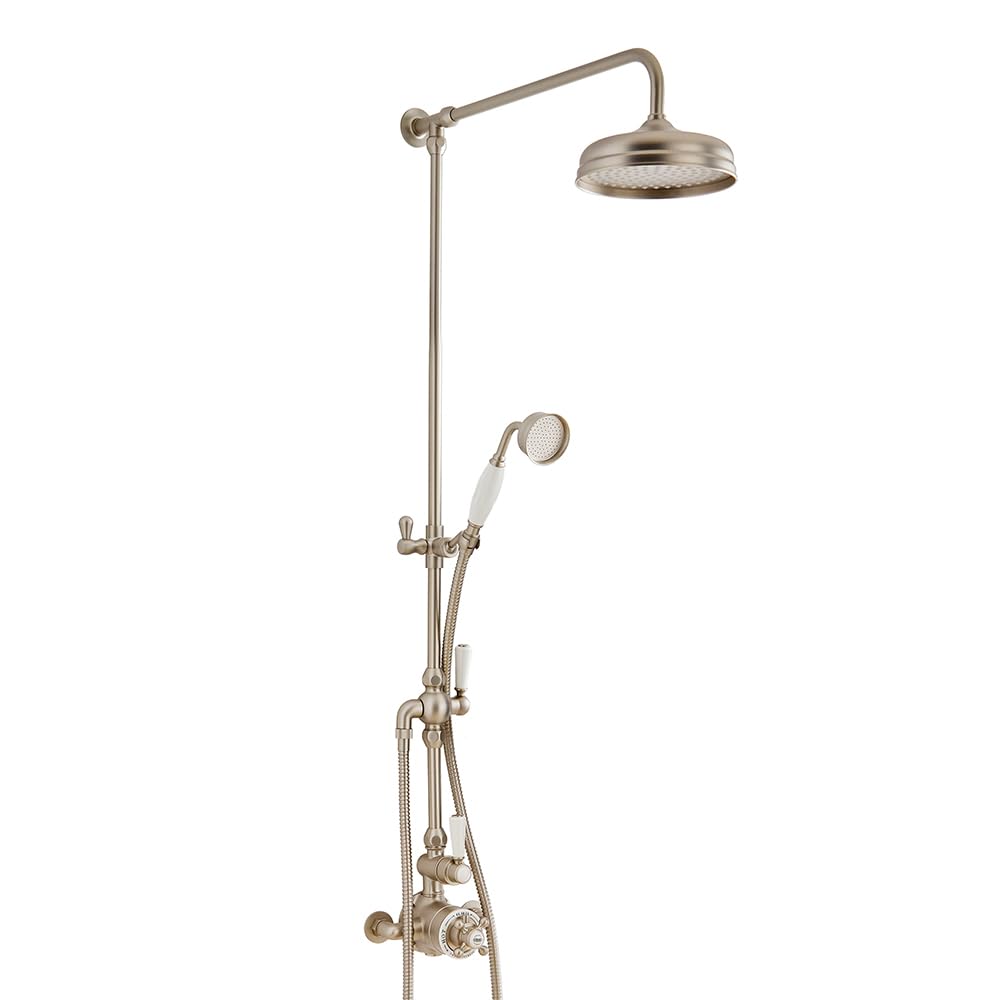 Milano Brushed Nickel Elizabeth Rigid Riser Thermostatic Mixer Valve Round Shower Head Handset