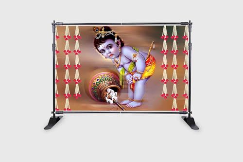 Image of Shree Bal Krishnaji Design Backdrop Curtain for Decoration Backdrop Cloth for Pooja Decoration Traditional /Background Fabric-Polyster Fabric Size-5Feet Height and 8Feet Width (5 * 8)