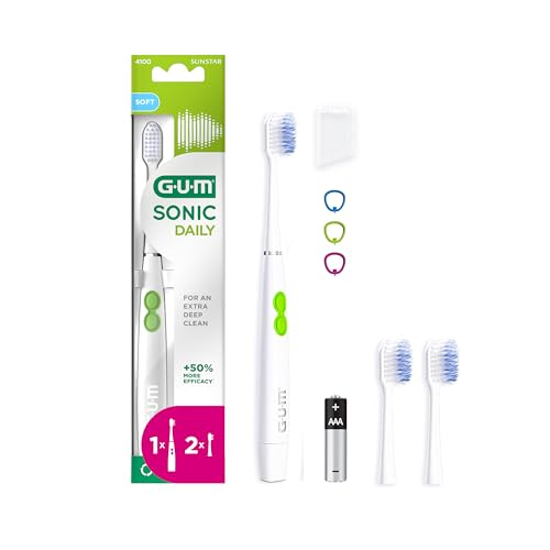 GUM SONIC DAILY Brosse à dents sonique électrique à piles | Pour un nettoyage en douceur et en profondeur | 1x brosse à dents, 2x têtes de brosse de rechange, 1x...