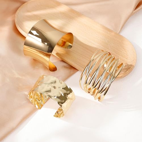 3Pcs Chunky Gold Cuff Bracelets Open Wide Bangle Bracelets Set for Women Minimalist Irregular Bracelet Statement Wrist Cuff Wrap Bracelet Jewelry2