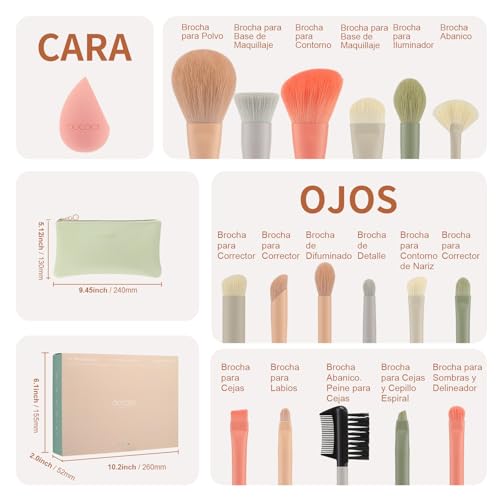 Docolor Juego de Brochas de Maquillaje Profesional 17 Piezas, Kit Completo Color Morandi con Bolsa de Viaje, Esponja y Guía de Uso, Pinceles de Maquillaje Premium Synthetic para Cara y Ojos, Rubor - Imagen 4