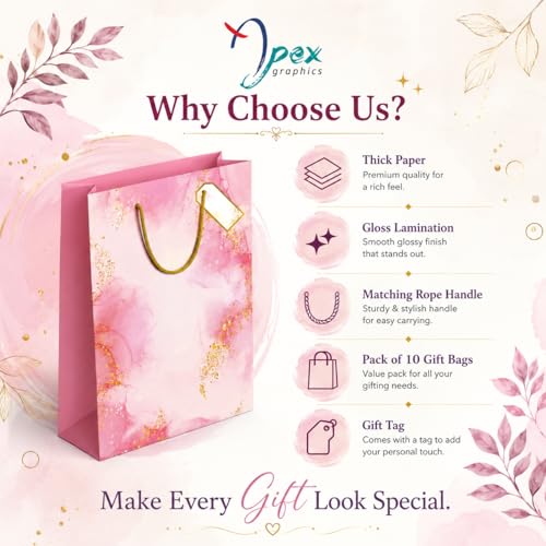 Image of Gift bags - Paper Bags for Gifting - Pack of 10 - Return Gift Bags for Birthday, Christmas, Wedding & Baby Shower - 9 L x 12 H x 3.5 W Inch