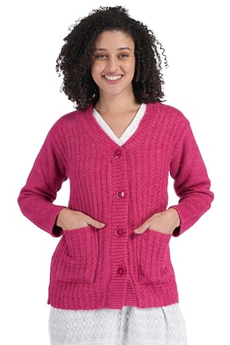 Image of MANRA Women's Woolen V-Neck Buttoned Full Sleeve Cardigan Self Design Soft Wool Fabric Winter Wear Pure Wool Sweater Fully Warm with Front Pockets Stylish Cardigan
