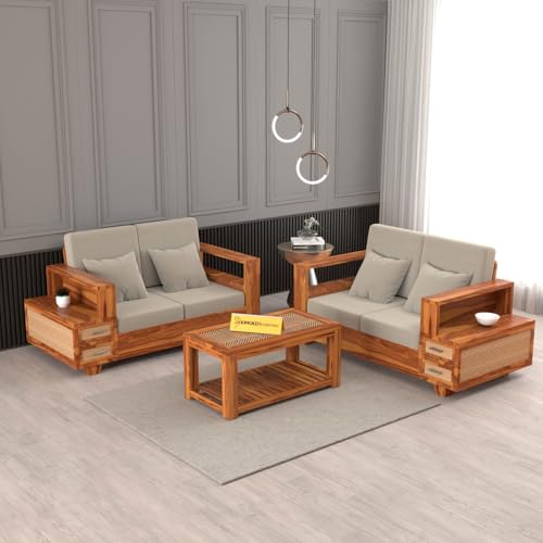Image of Sheesham Wood 4 Seater Sofa Set with 2 Drawer Storage | 2+2 Wooden Sofa Set Furniture for Living Room Home Office (Natural Cane,Honey Finish)