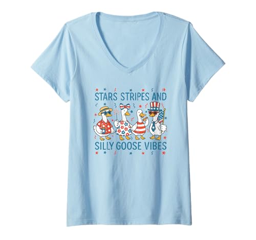 Womens Stars Stripes And Silly Goose Vibes, 4th Of July V-Neck T-Shirt