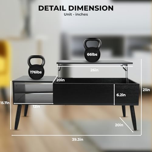 MGHH Wood Lift Top Coffee Table with Hidden Compartment & Adjustable Storage Shelf, Side Tables Lift Tabletop Dining Table for Home Living Room, Office, Reception Room, Black - Thumbnail 3