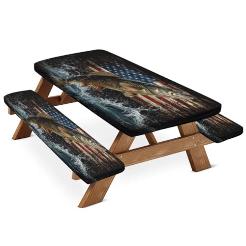 Tablerazzi American Flag and Fish Ocean Picnic Table Cover with Bench Covers, Fitted Camping Tablecloth with Elastic Edges, 3 Pcs Set Outdoor Waterproof Rectangle Table Cloth