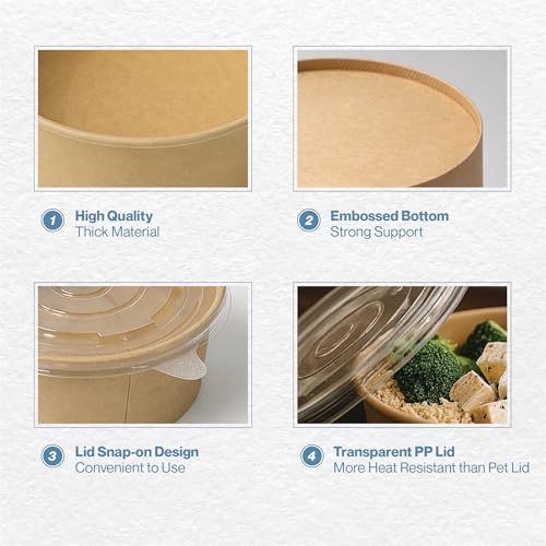 Image of PRASHEEL Living 500ml Disposable Round Kraft Paper Bowl with Lid | Takeout Containers for Hot /Cold Foods, Salad, Dessert, Soup, Noodles| Leak-Proof, Microwaveable Food Storage Containers, 20 Pack